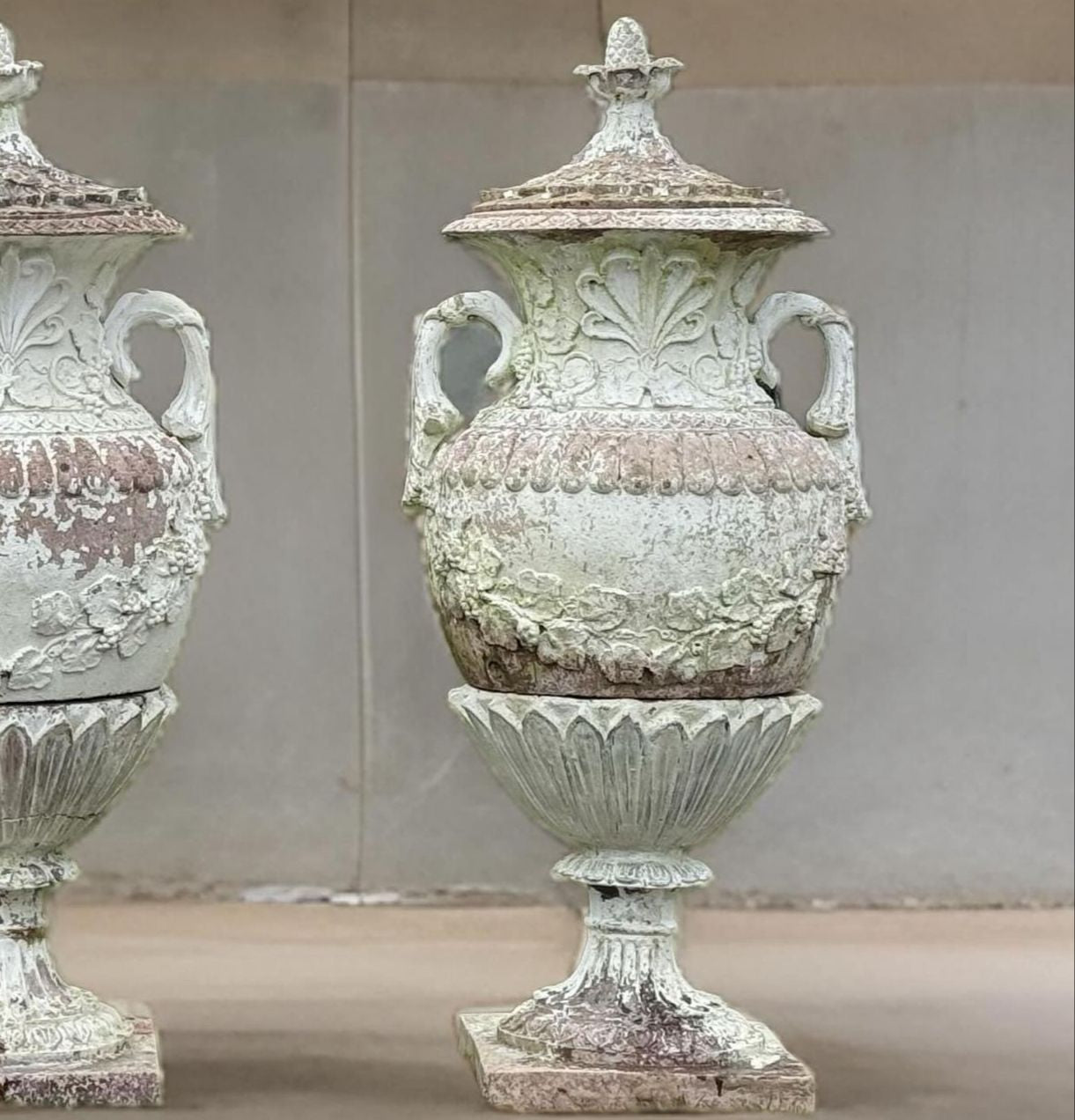 3x huge Swedish, mid 1800’s, terracotta painted urns