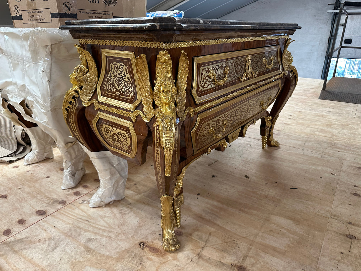 Rare, French baroque, bronze mounted chest of drawers, Linke style (pair available)