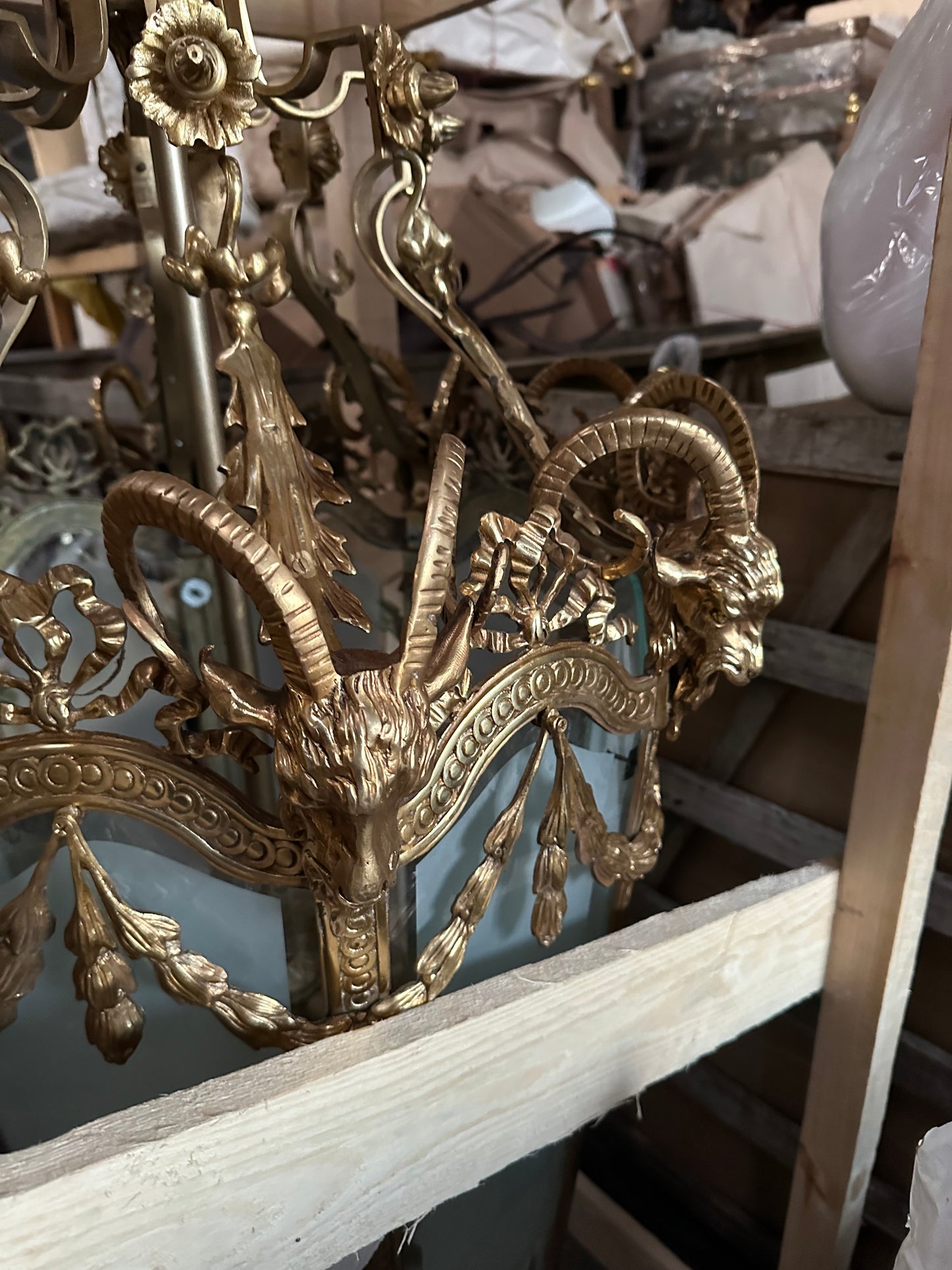 Extremely rare, bronze antique lanterns with gargoyle decorations and etched glass (pair available)