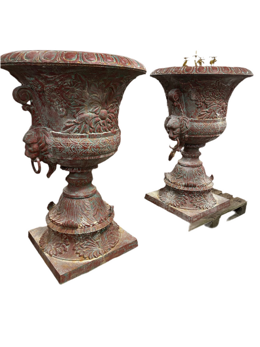Huge, 5ft original French painted cast iron urns, pair