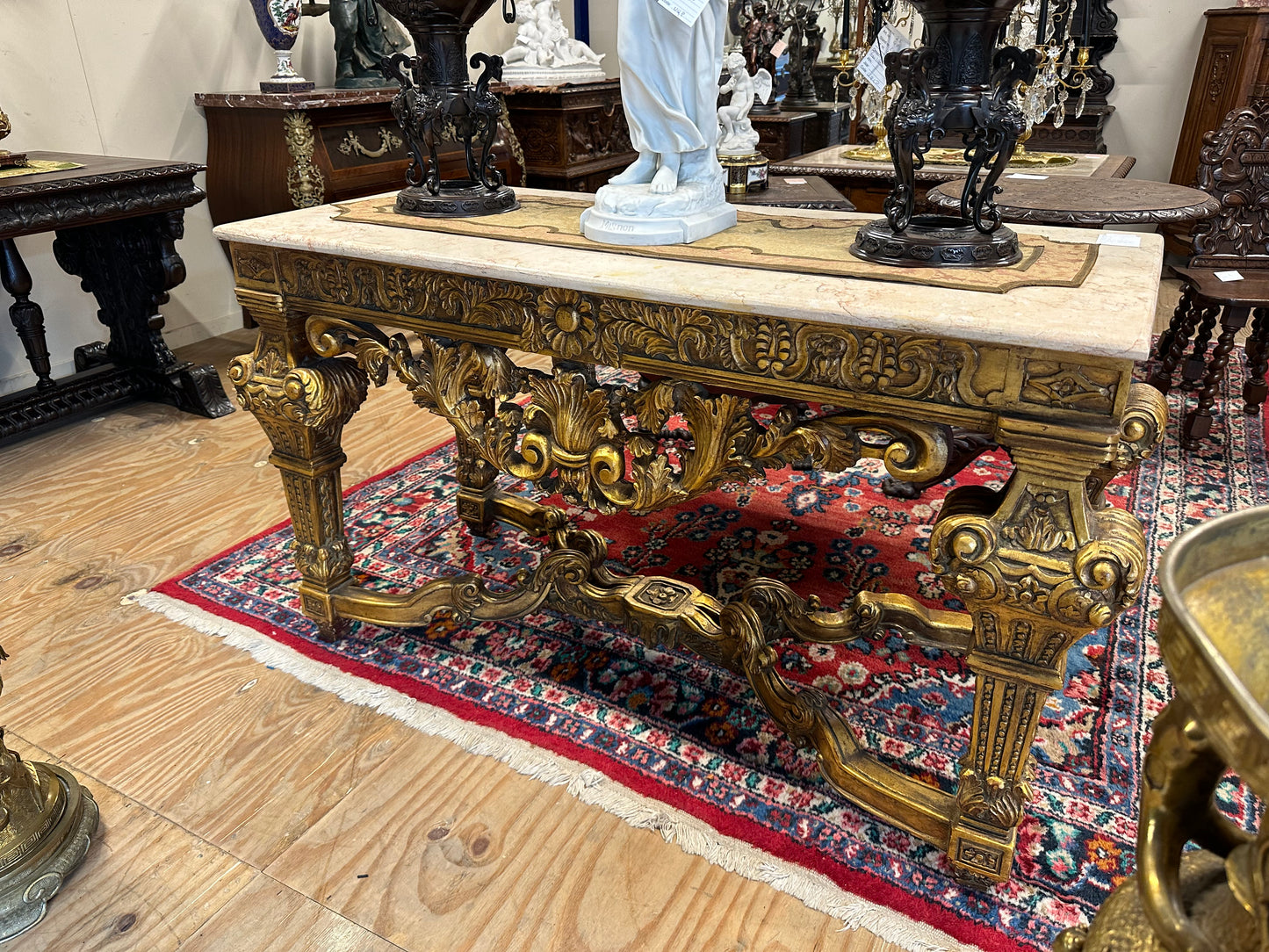 Stunning, French antique, gilt wood marble top, double sided console/centre table