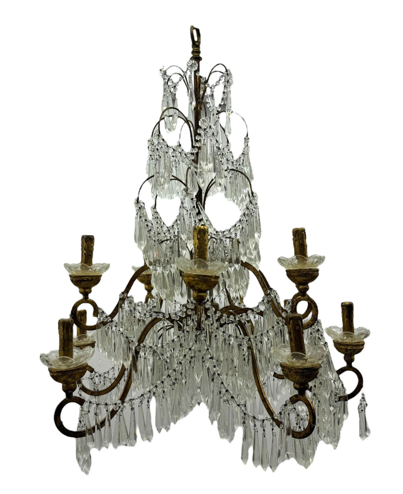 Stunning pair of Italian gilt 110cm tall chandeliers with cascading crystals