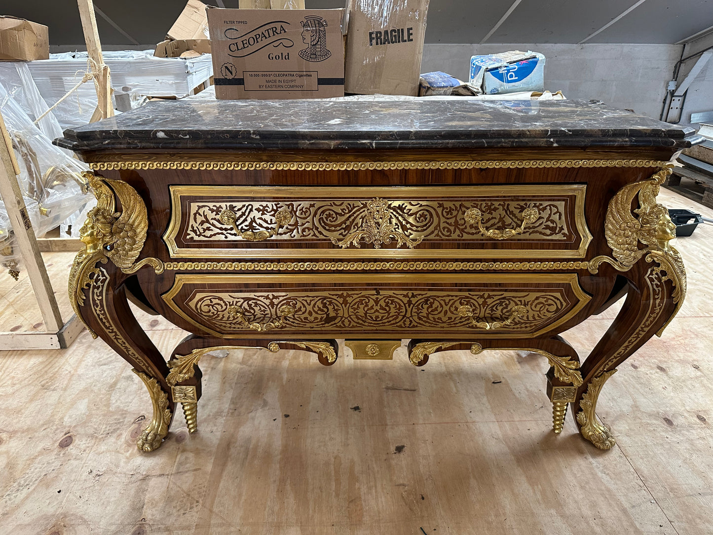 Rare, French baroque, bronze mounted chest of drawers, Linke style (pair available)