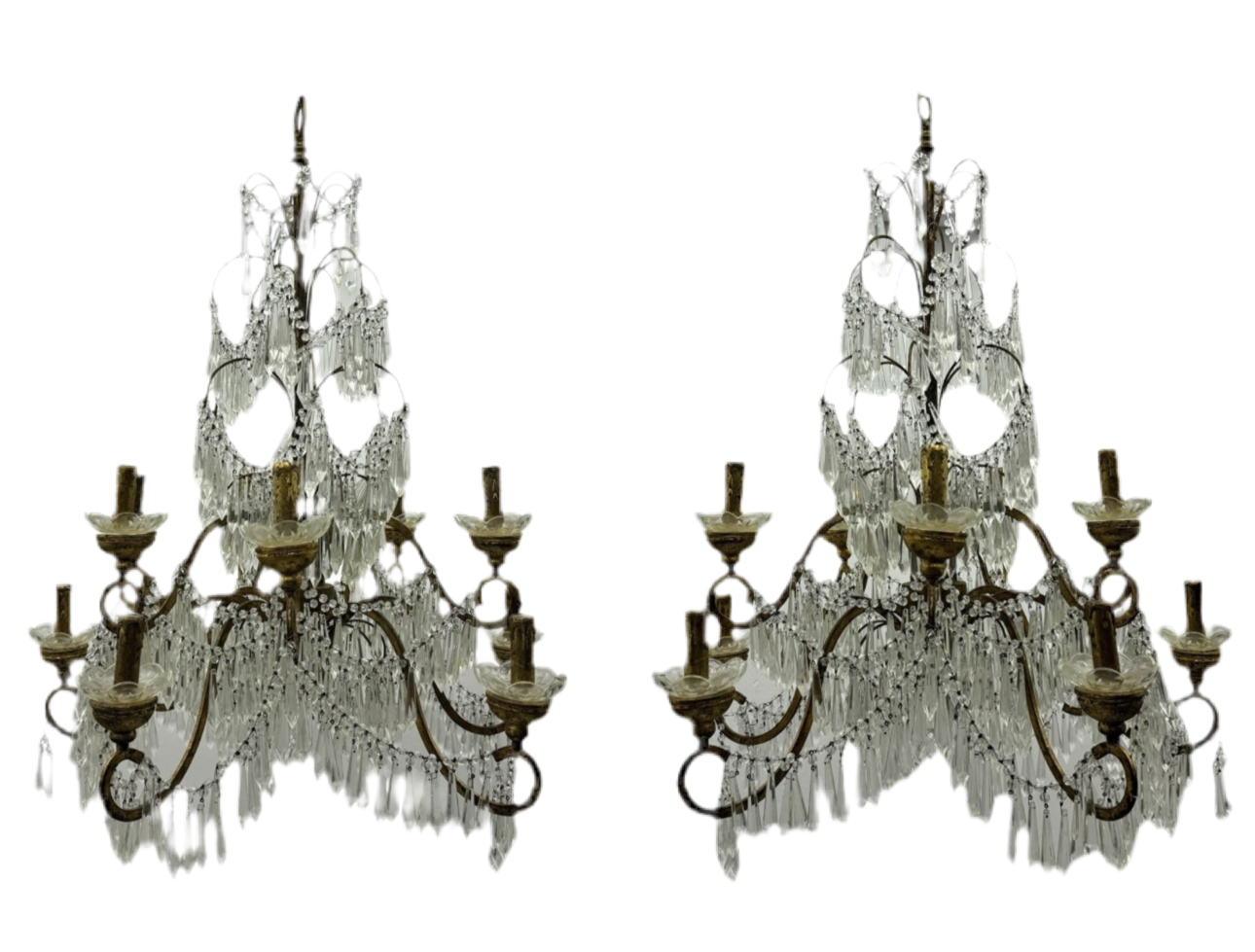 Stunning pair of Italian gilt 110cm tall chandeliers with cascading crystals