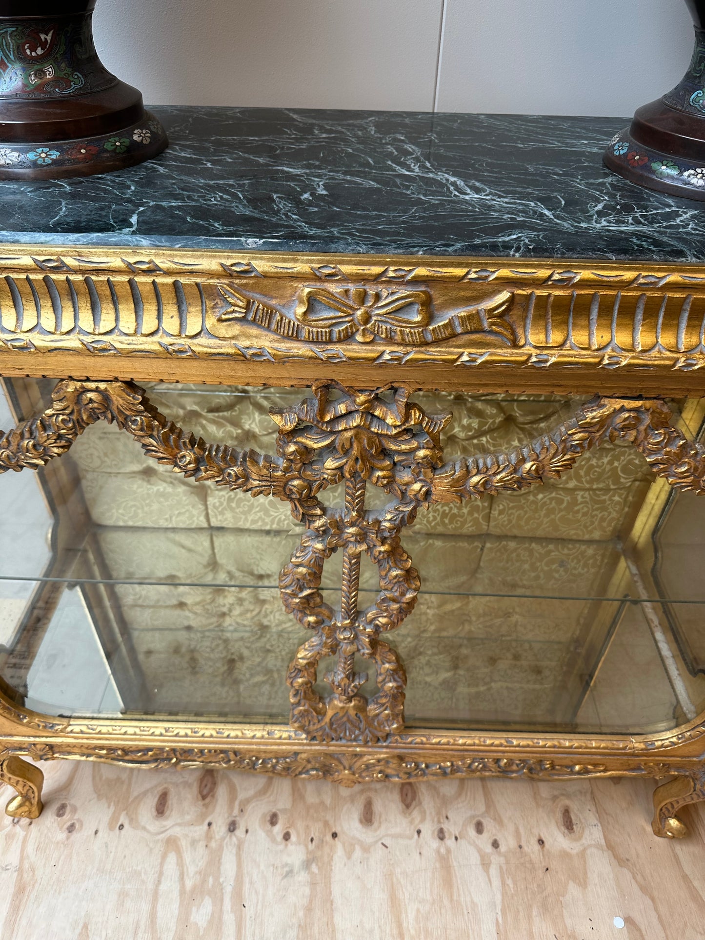 Stunning, gilt wood, marble top, glass cabinet/sideboard