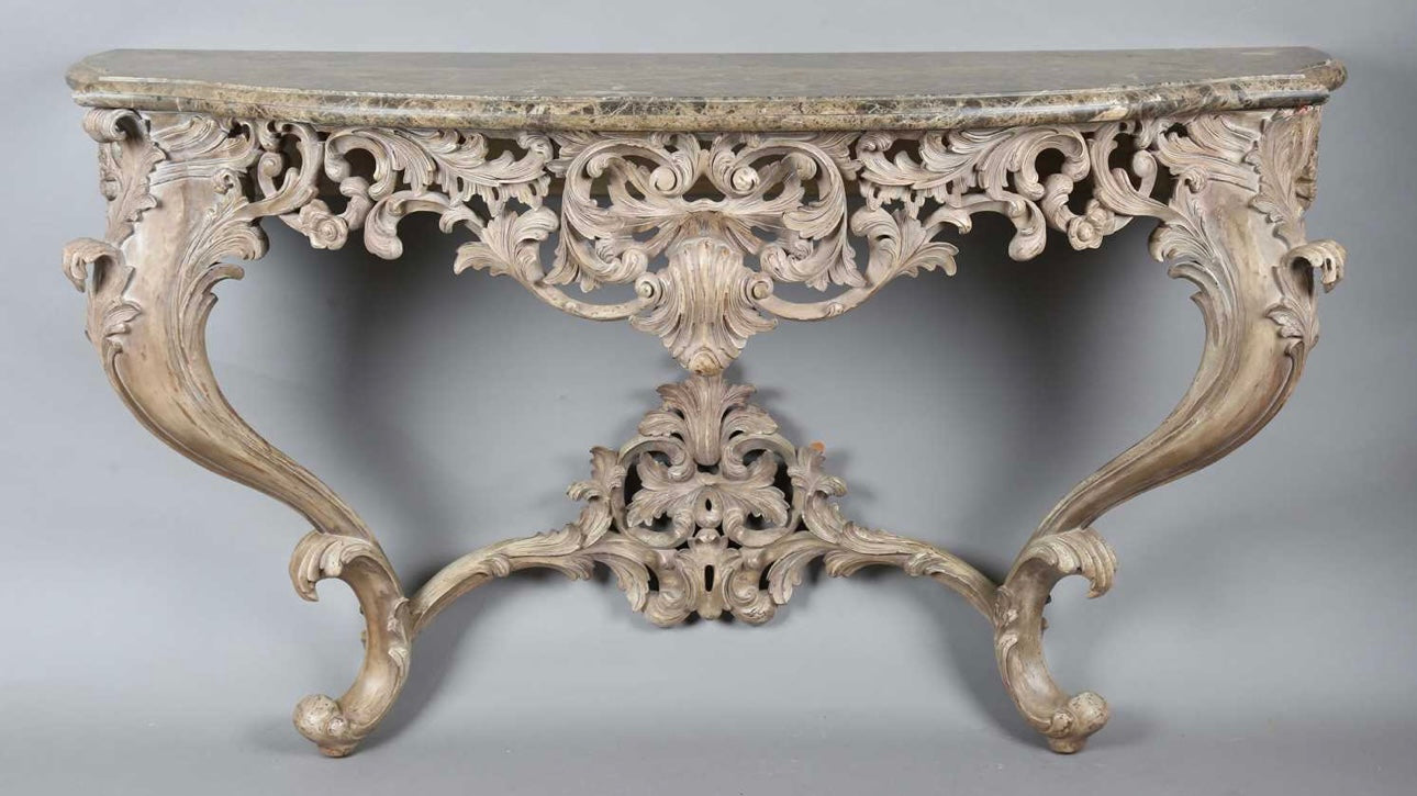 Matching pair of, French antique rococo 19thC marble top painted console tables (priced individually)