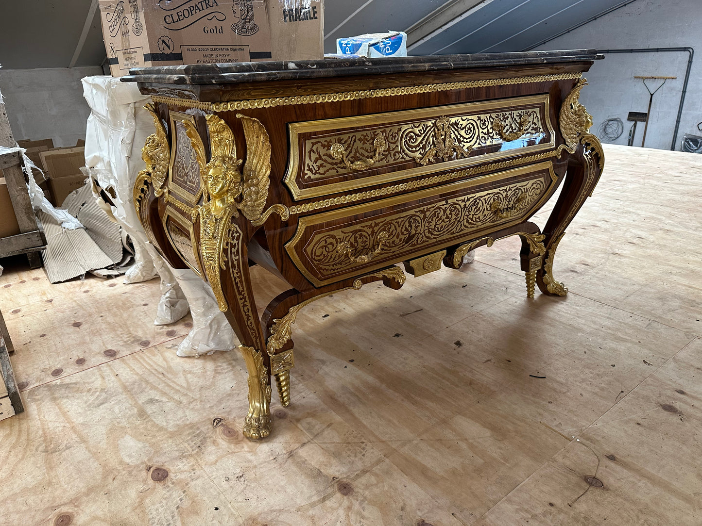 Rare, French baroque, bronze mounted chest of drawers, Linke style (pair available)