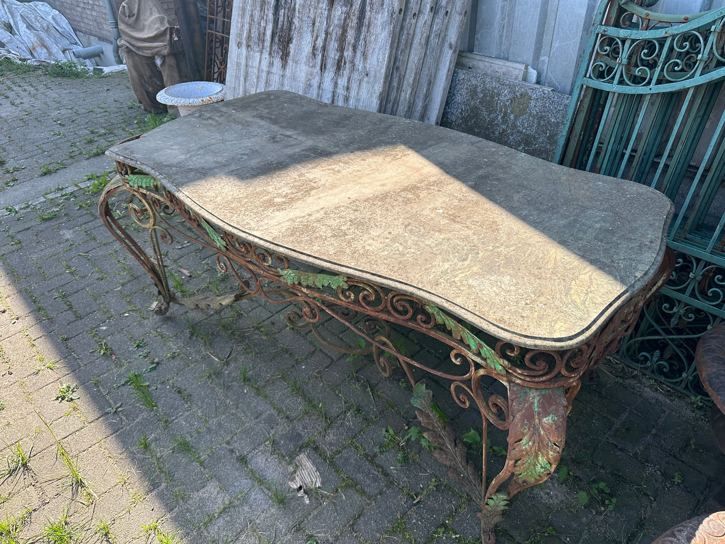 French antique, 6ft long, stone stop/metal base garden table