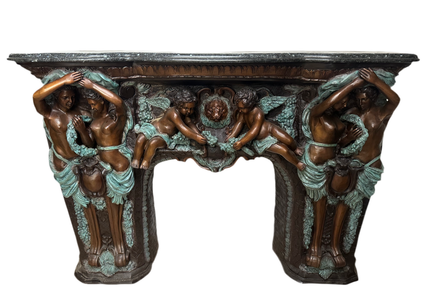 Exquisite, Italian solid bronze fireplace with marble top