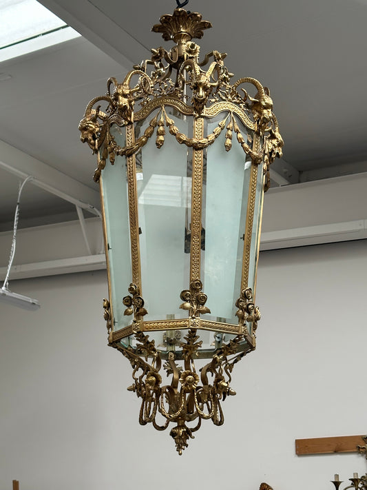 Extremely rare, bronze antique lanterns with gargoyle decorations and etched glass (pair available)