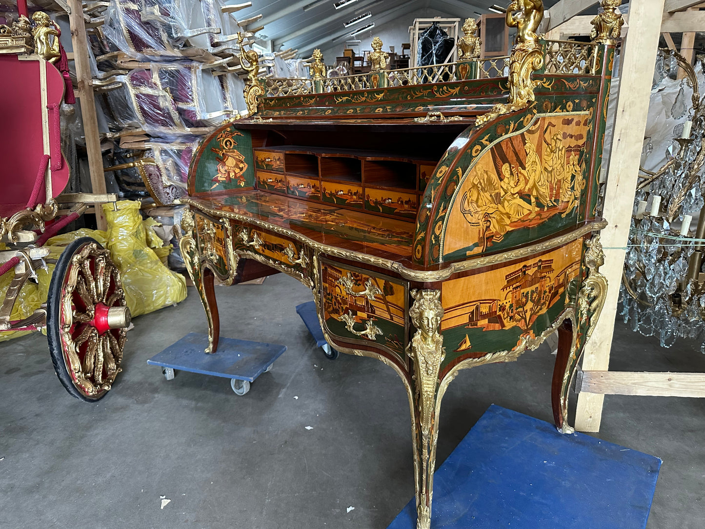 Beautiful, French inlaid bureau desk, with Roman scene