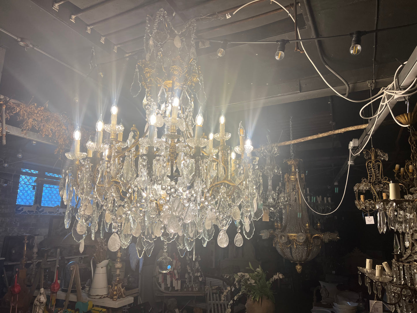 Huge, French rock crystal bronze chandeliers (pair available)