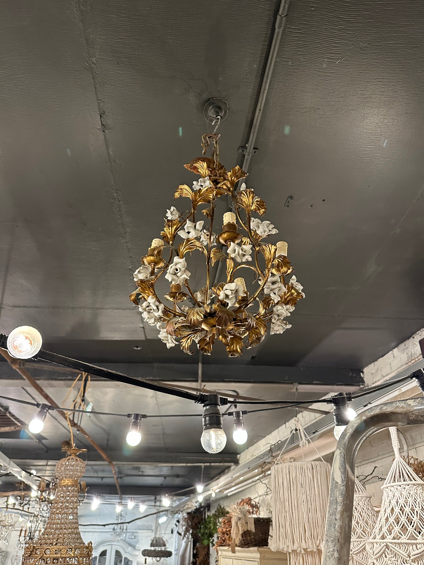 Beautiful French gilt metal chandelier with porcelain flower