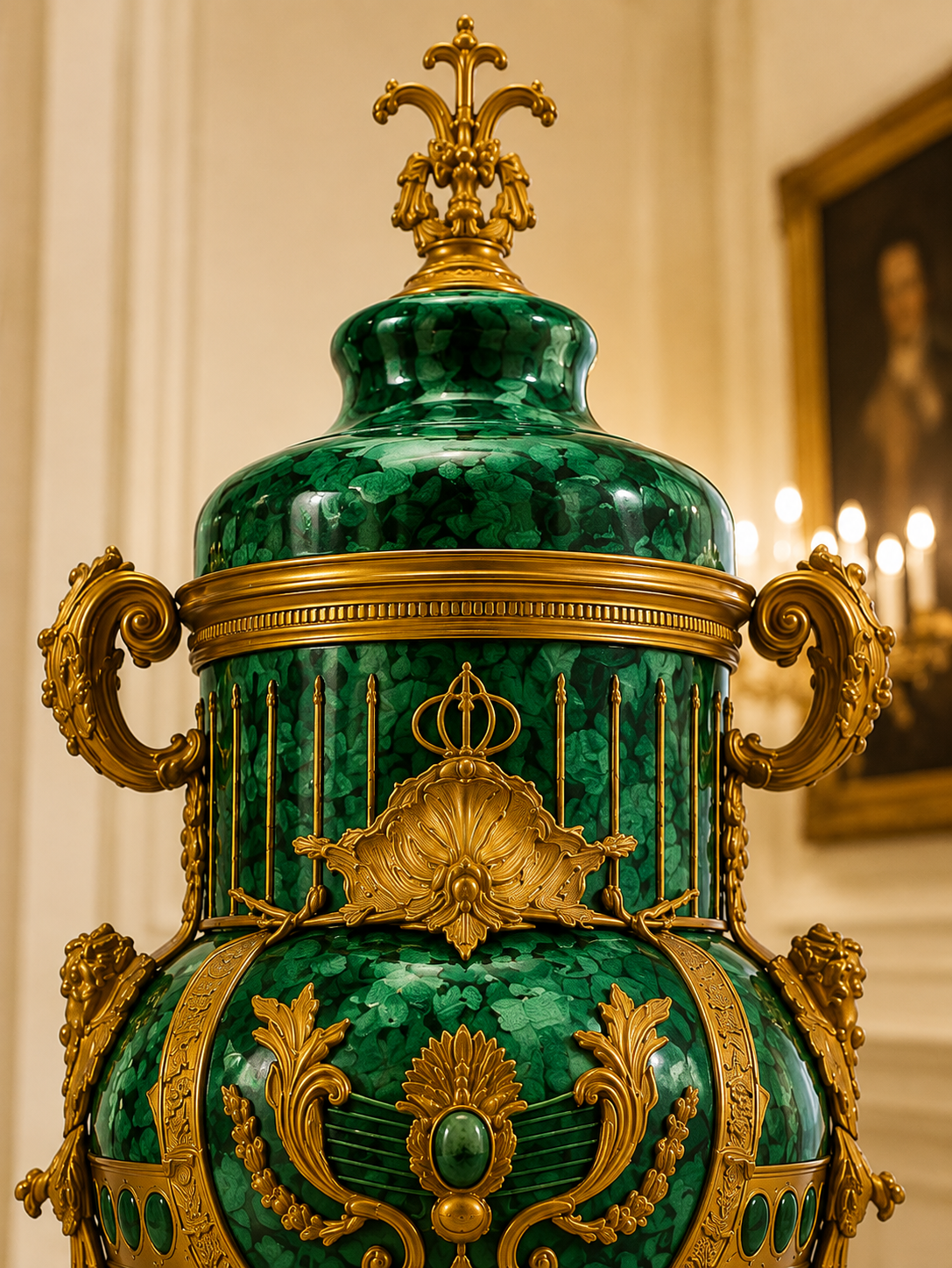 6ft pair of magnificent, marble bronze and malachite urns