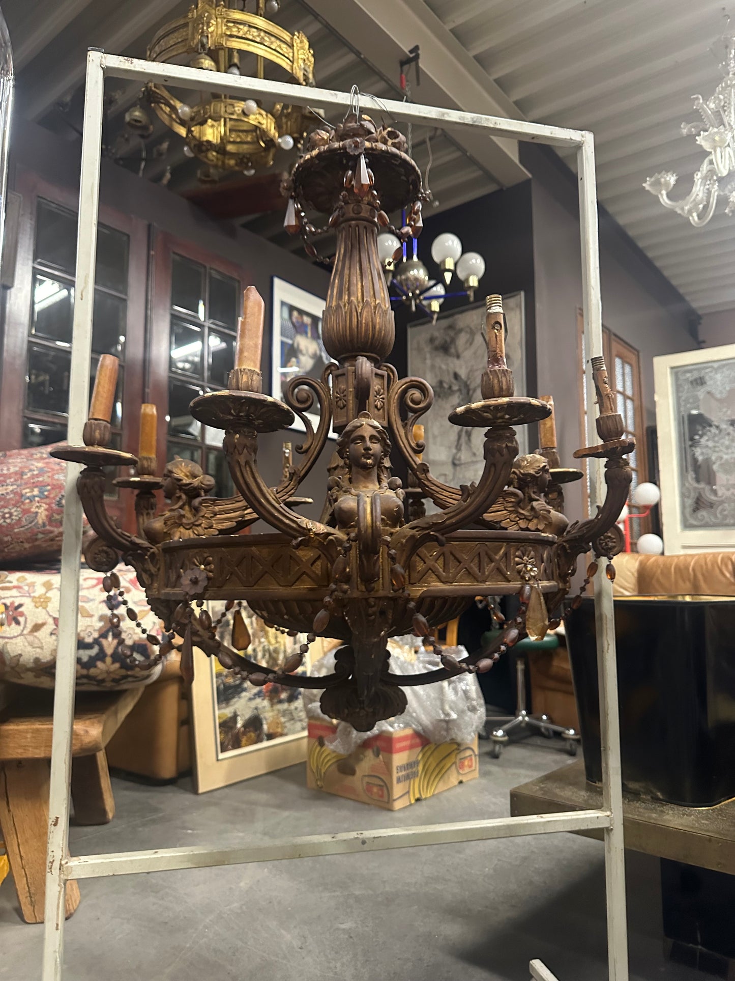 Stunning, Napoleon III, carved gilt wood chandelier with amber crystals