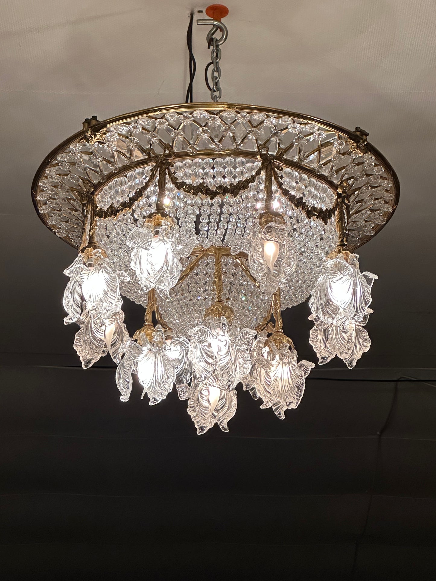 Stunning, bronze and crystal, art deco French chandelier (pair available)