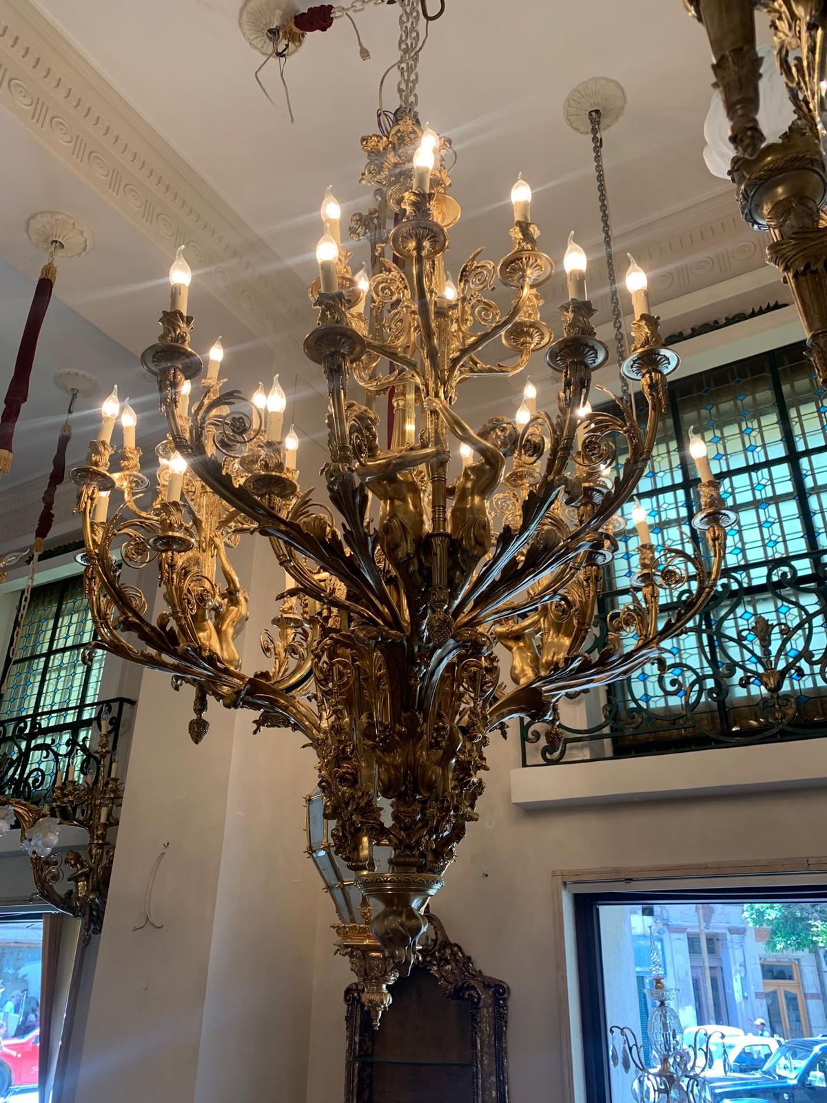 Huge, 2.3m tall, French baroque, solid bronze chandelier (pair available)