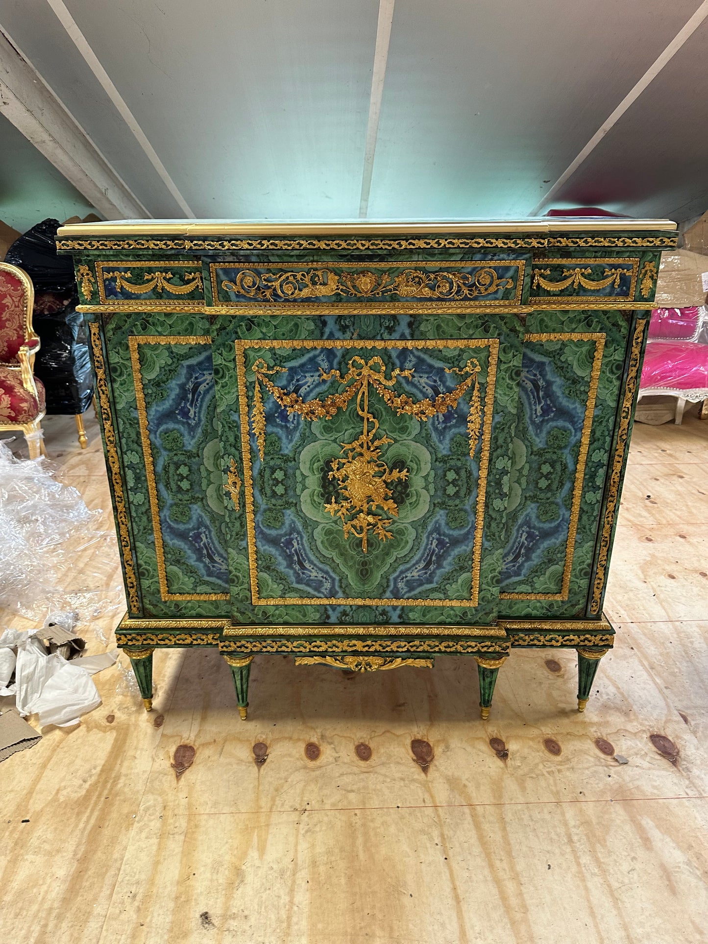 Stunning, French Louis XV, malachite coated pier cupboard