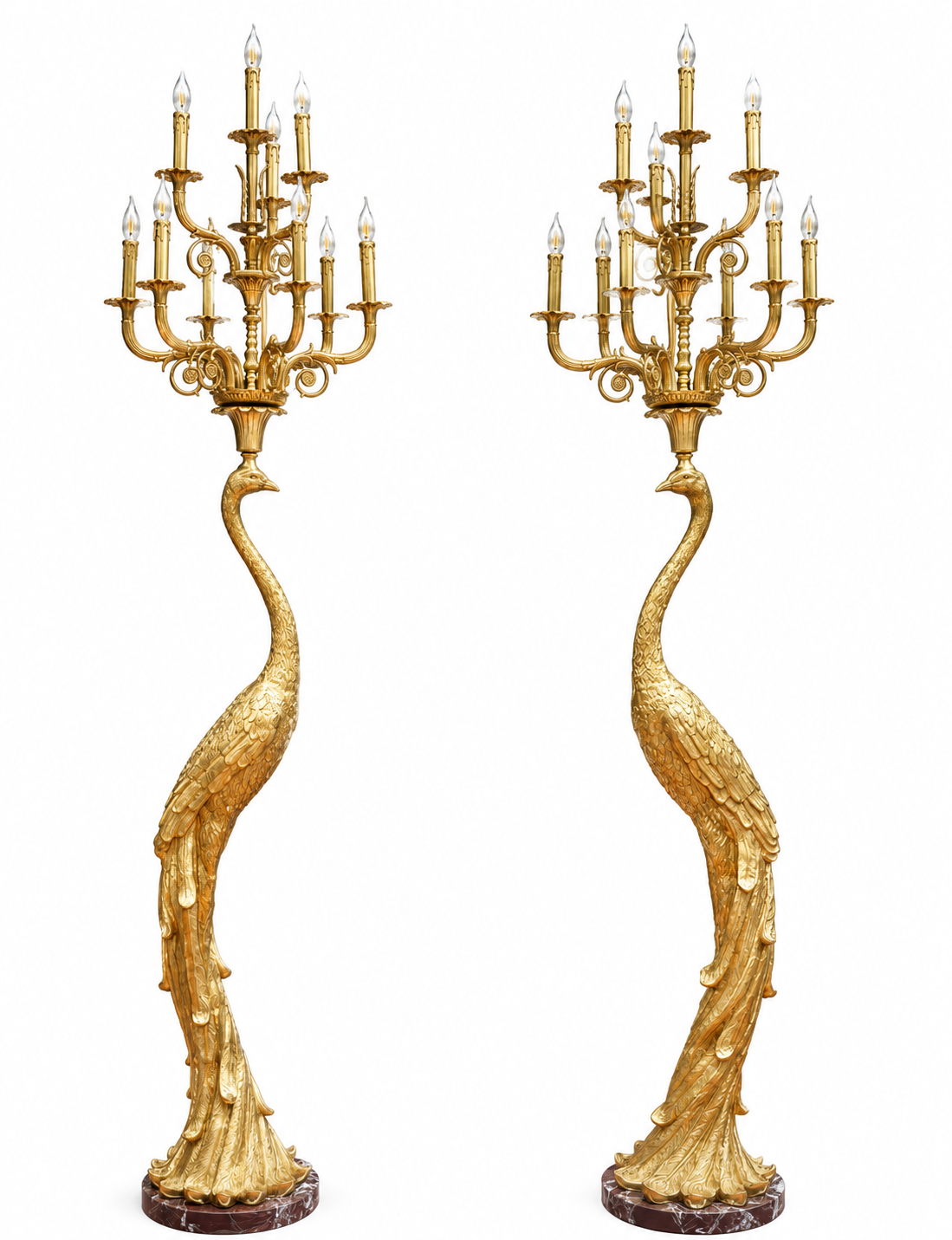 Stunning, 7ft tall, pair of bronze peacock standing lamps on marble base
