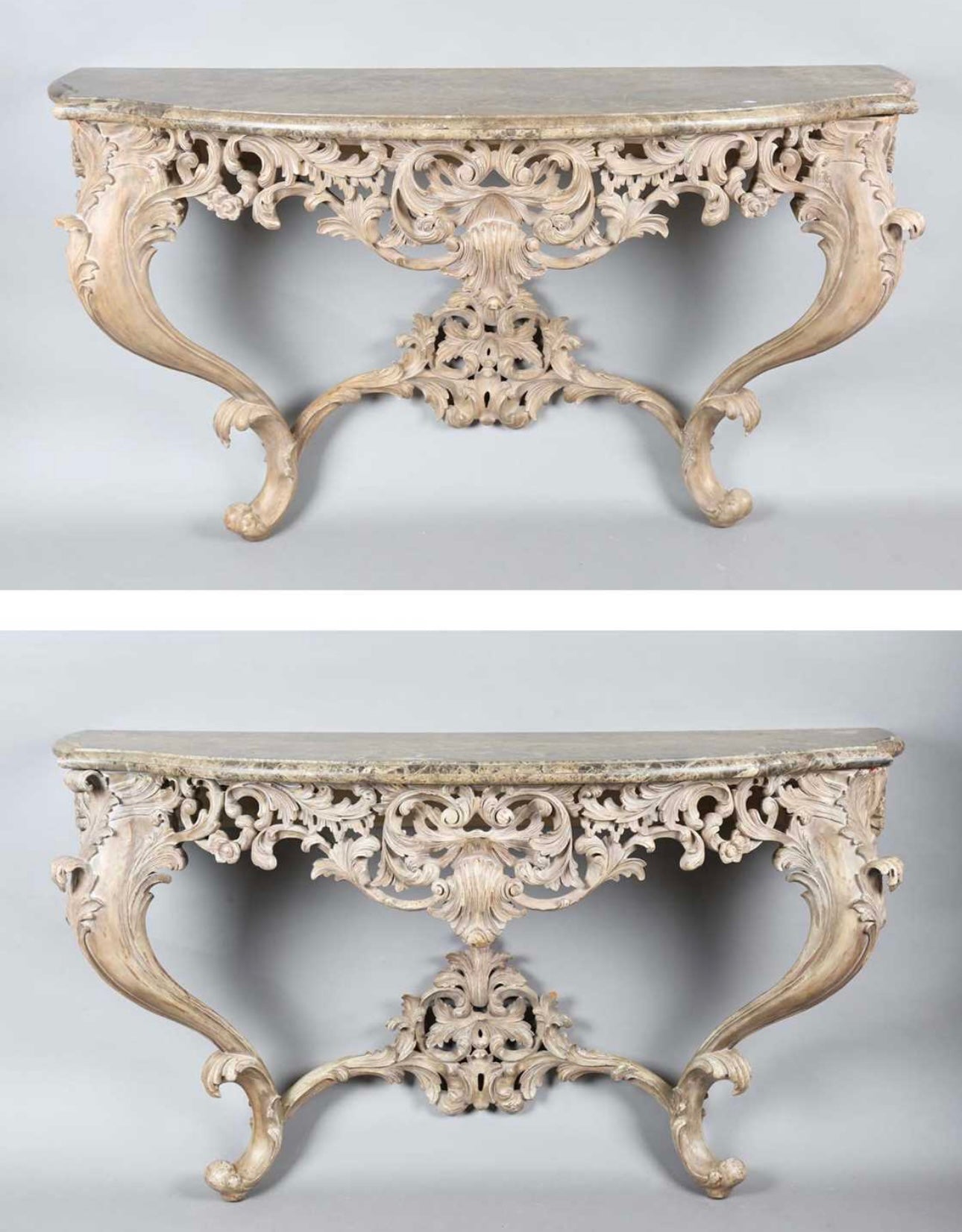 Matching pair of, French antique rococo 19thC marble top painted console tables (priced individually)