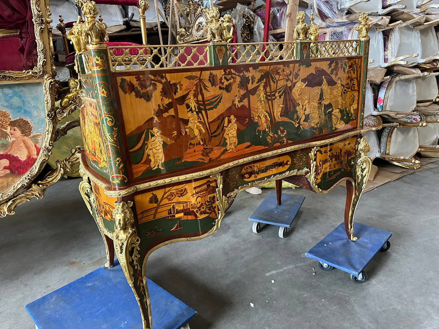 Beautiful, French inlaid bureau desk, with Roman scene