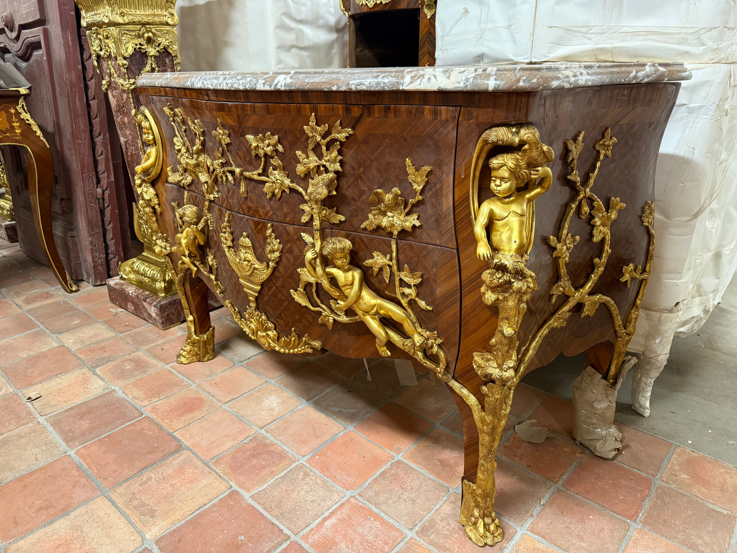 Stunning, French antique bronze mounted commode with x2 drawers
