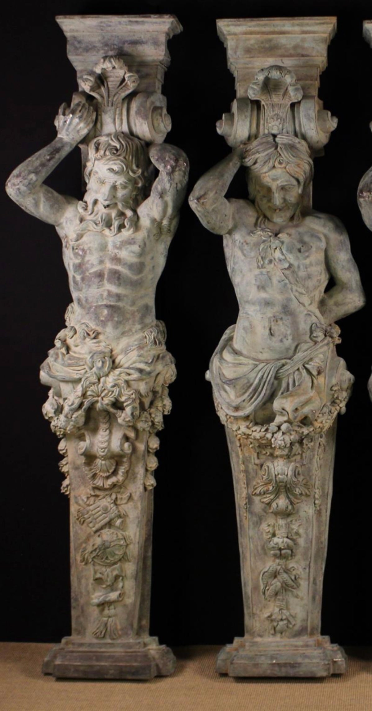 A set of x4, Monumental, 7ft tall, hand made 18thC bronze reclaimed figural pillars