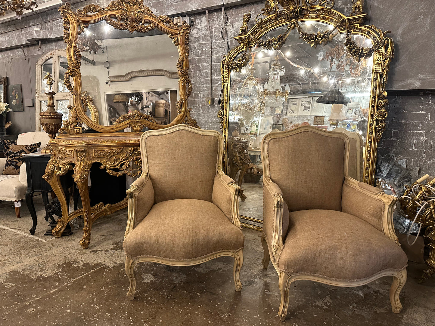 Lovely antique French arm chairs, reupholstered in linen