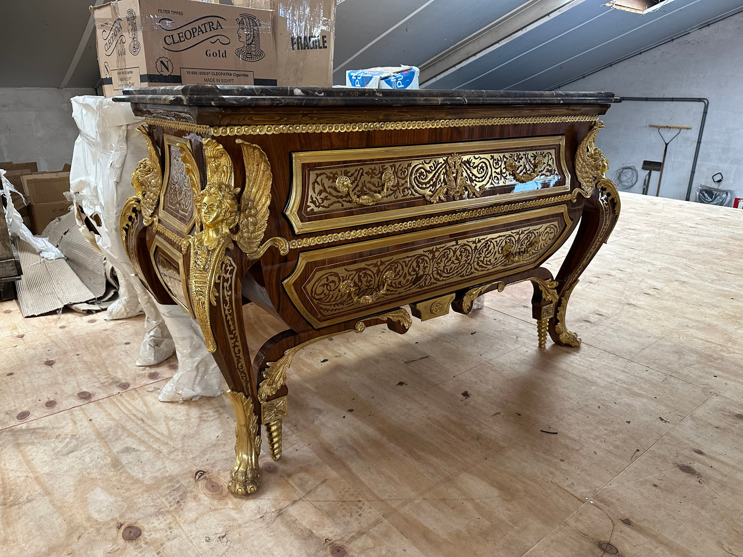 Rare, French baroque, bronze mounted chest of drawers, Linke style (pair available)