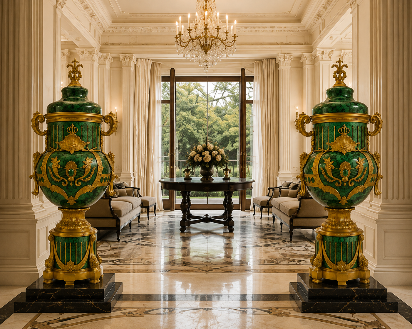 6ft pair of magnificent, marble bronze and malachite urns
