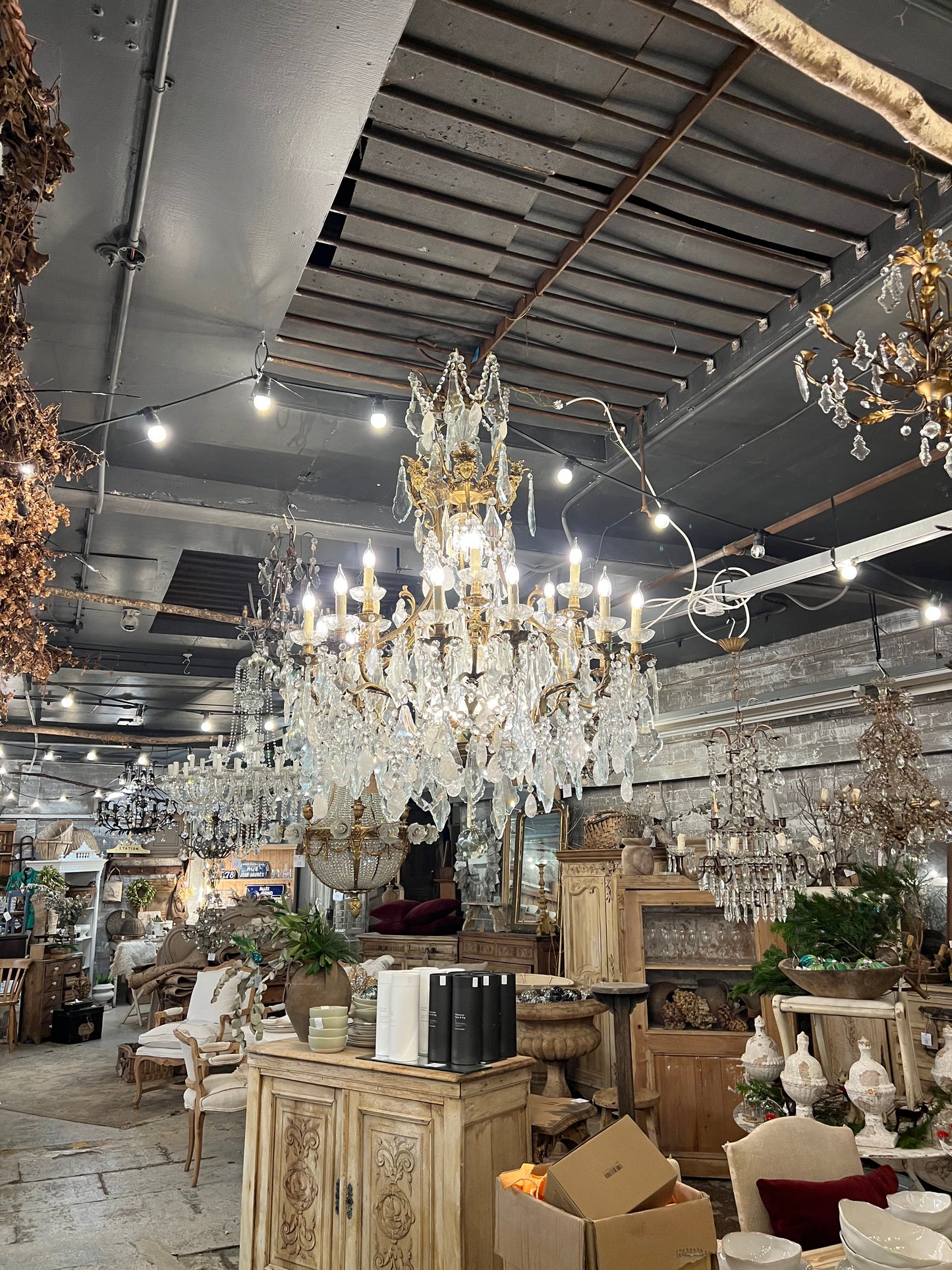 Huge, French rock crystal bronze chandeliers (pair available)