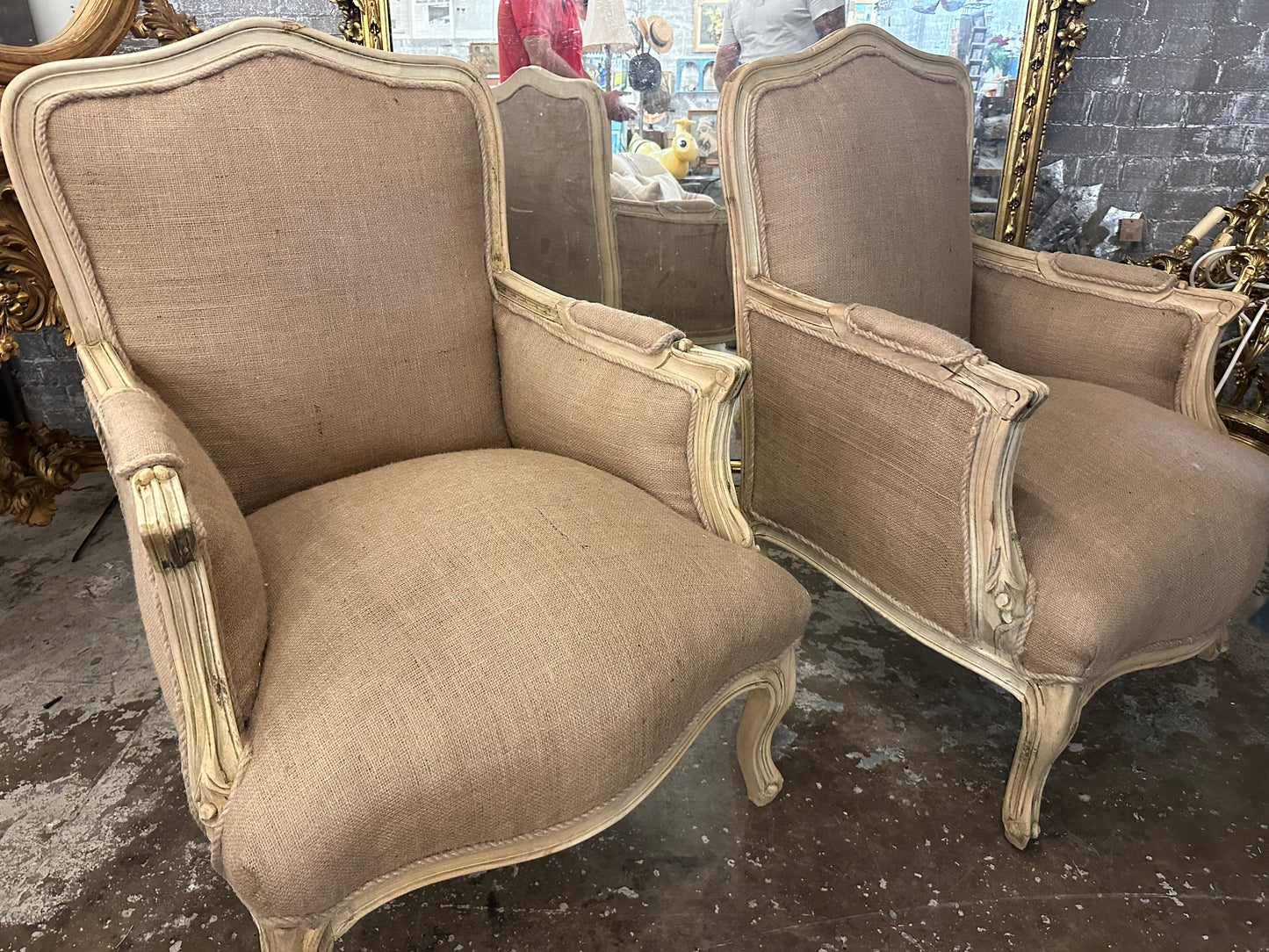 Lovely antique French arm chairs, reupholstered in linen