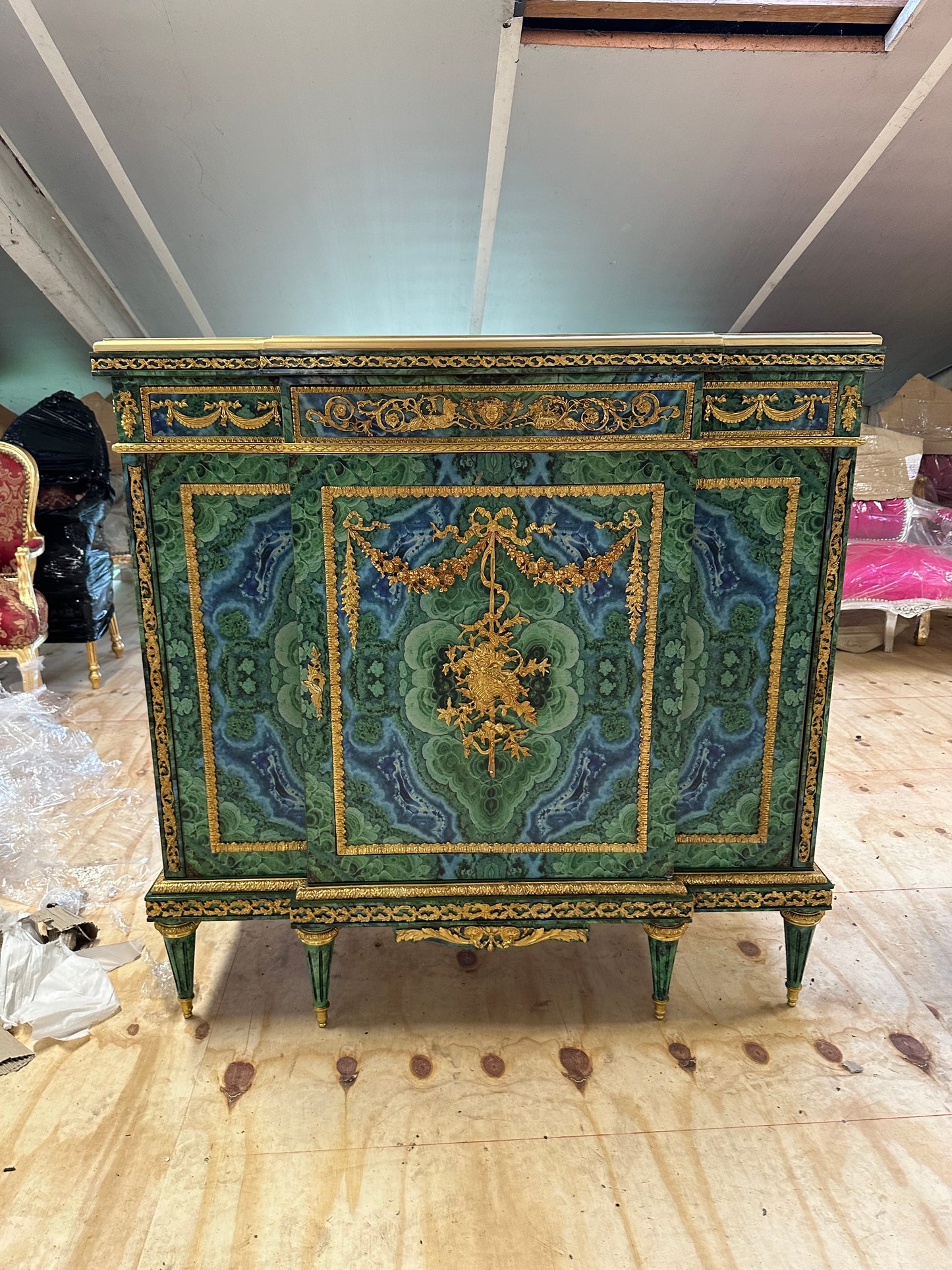 Stunning, French Louis XV, malachite coated pier cupboard