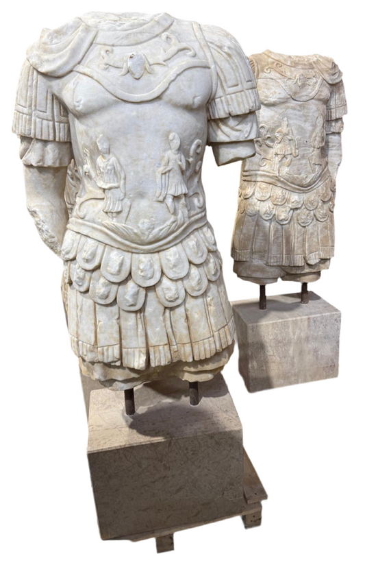 Pair of, Roman marble centurion busts on stands (priced individually)