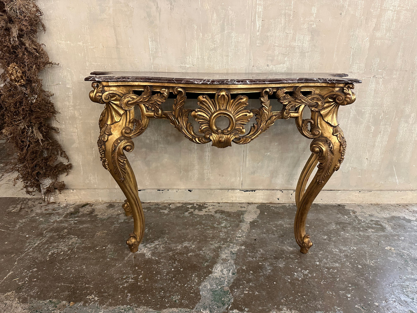 Fantastic antique French gilt wood console table with marble top (pair available)