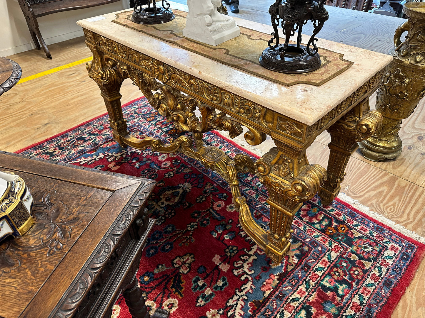 Stunning, French antique, gilt wood marble top, double sided console/centre table