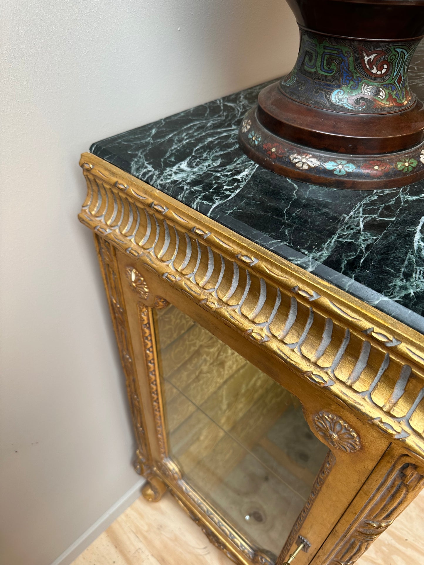 Stunning, gilt wood, marble top, glass cabinet/sideboard