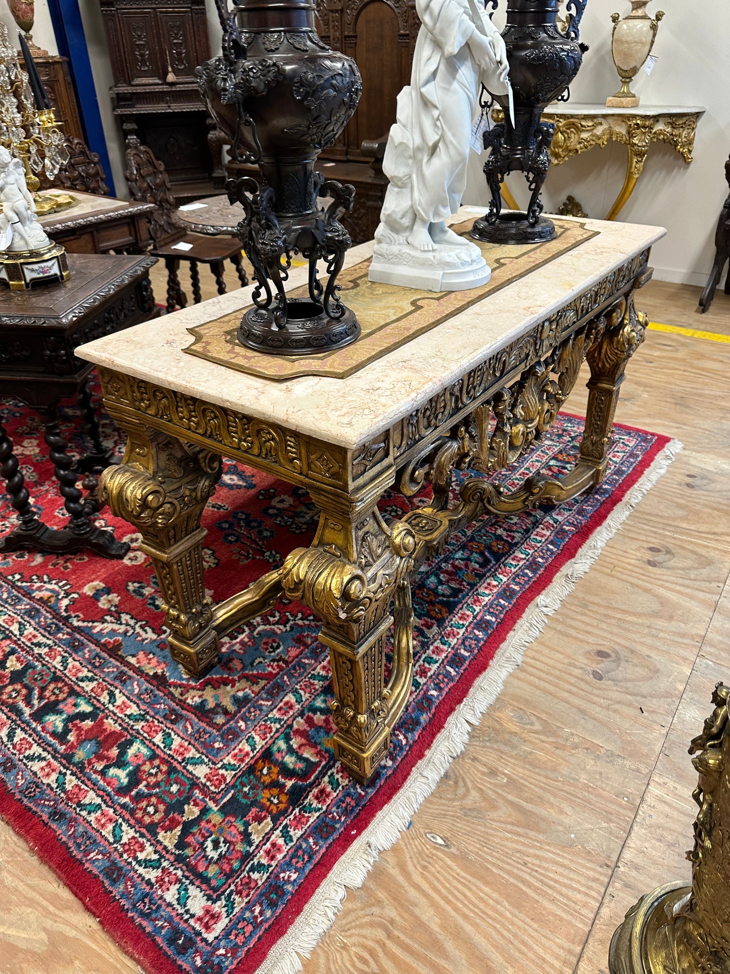 Stunning, French antique, gilt wood marble top, double sided console/centre table