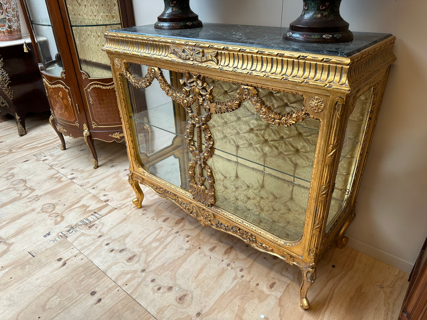 Stunning, gilt wood, marble top, glass cabinet/sideboard