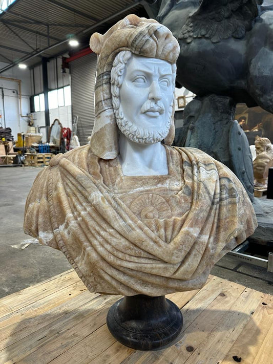 Infamous, Russian solid marble bust in stand, one of a kind