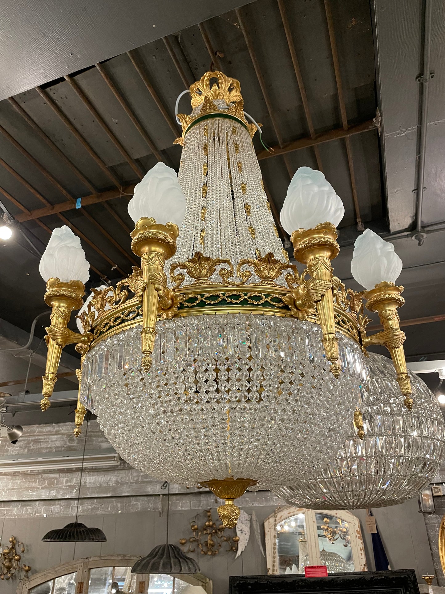 Stunning, French crystal empire chandelier with bronze detailing (pair available)