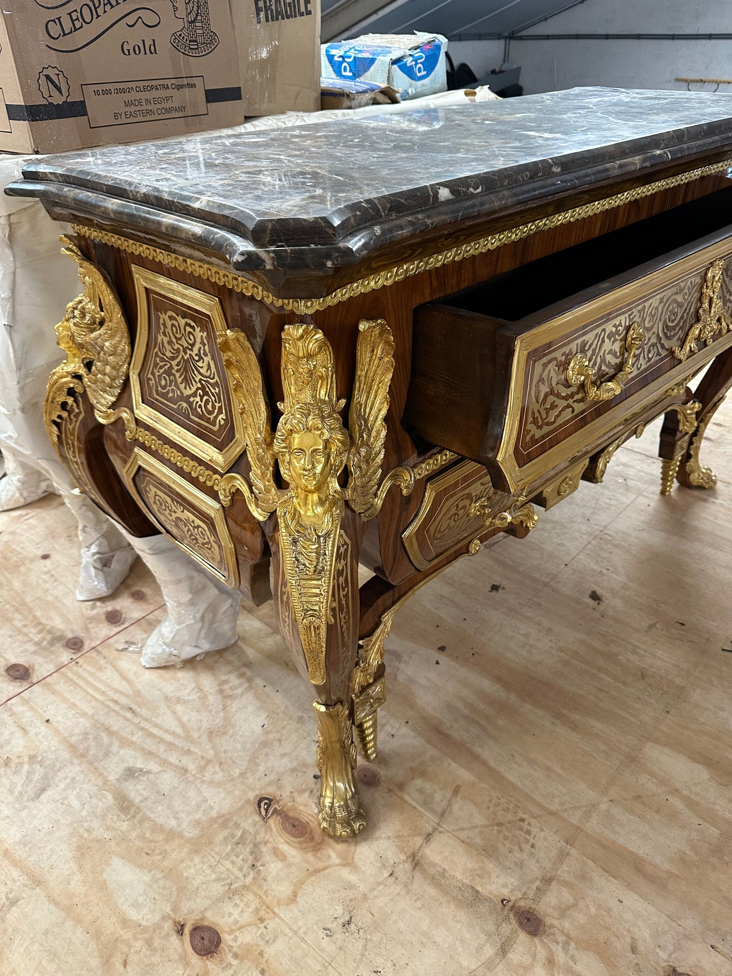 Rare, French baroque, bronze mounted chest of drawers, Linke style (pair available)