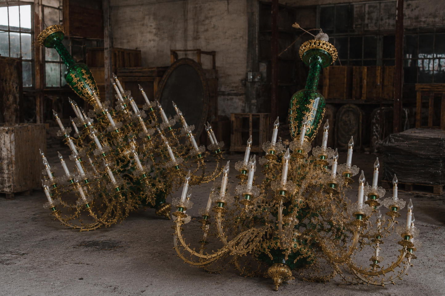 Huge, 2.8x1.8m malachite and bronze chandelier (pair available)