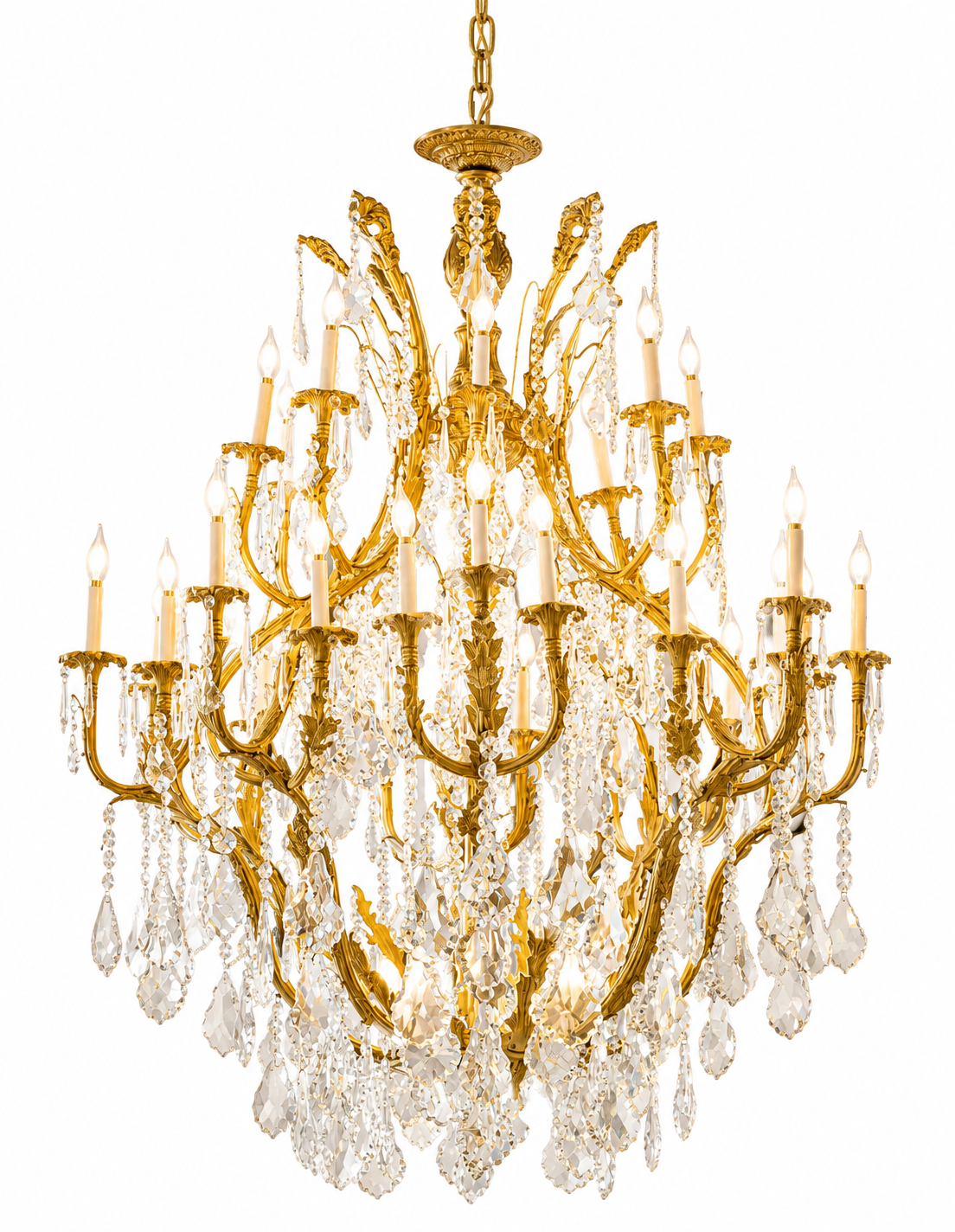 Stunning, pair of French bronze and crystal 165x135cm chandeliers (priced individually)