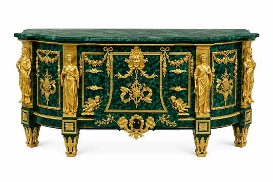 Exceptional, 1.9m long, French antique malachite and bronze decorated buffet/sideboard