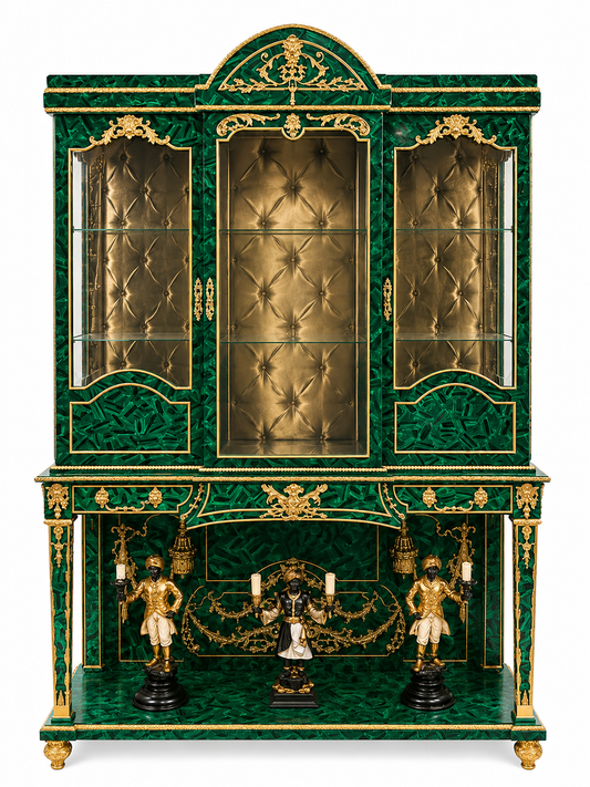 Stunning French antique malachite display cabinet with open bottom, 165x220cm
