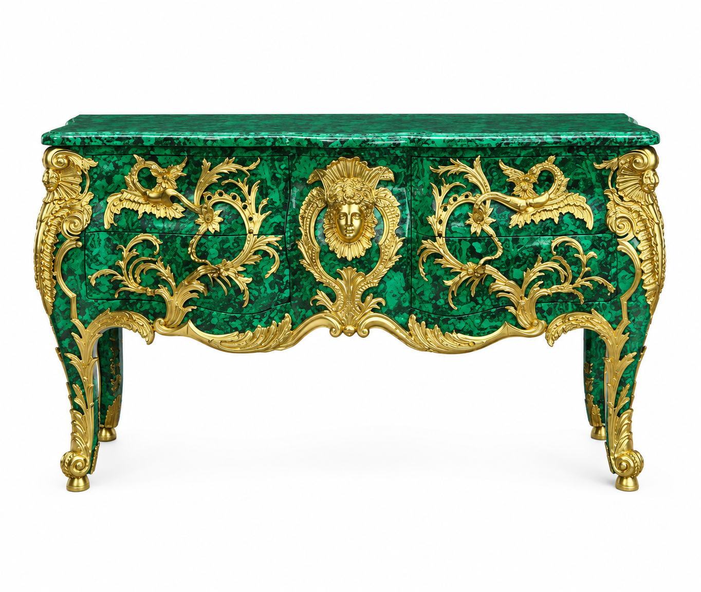 Exquisite, 4 drawer malachite and bronze only mounted, French commode