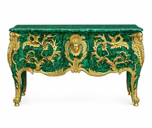 Exquisite, 4 drawer malachite and bronze only mounted, French commode