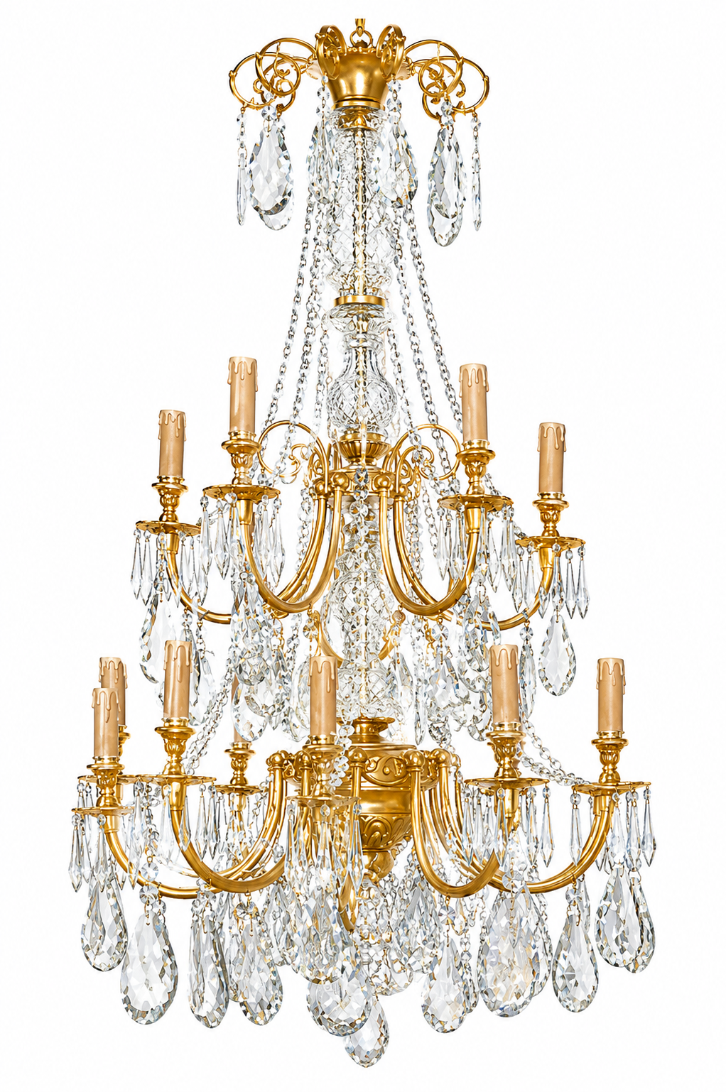2 tier, French antique crystal and bronze chandeliers (pair available)